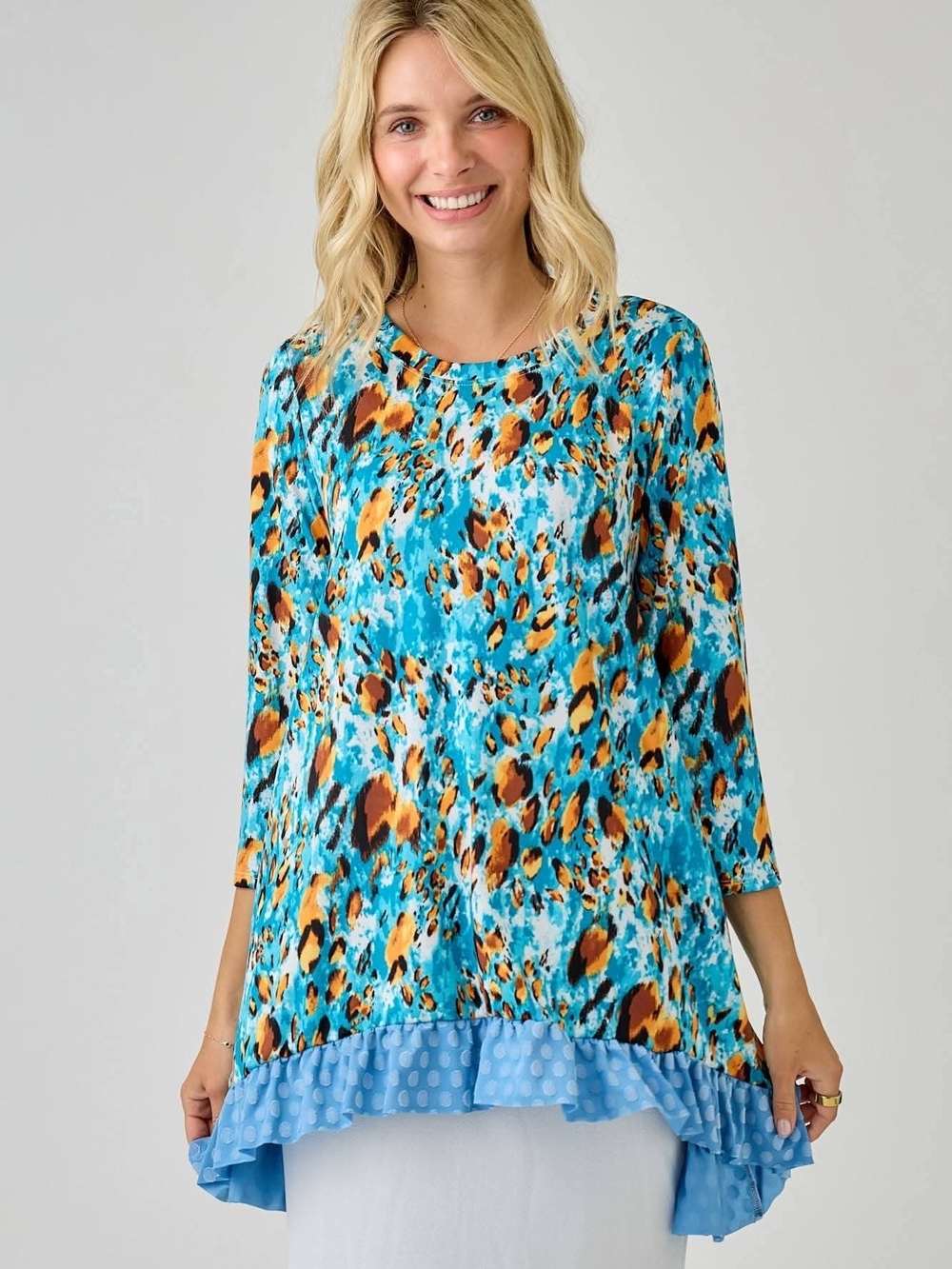 Celeste Turquoise Animal-Print Ruffle-Hem Tunic